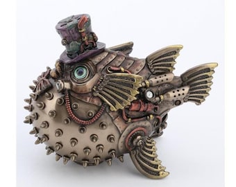 Steampunk Tiger Pufferfish art figurine - Industrial home decor - Creative Steampunk home accent