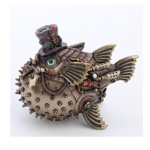 Steampunk Tiger Pufferfish art figurine - Industrial home decor - Creative Steampunk home accent