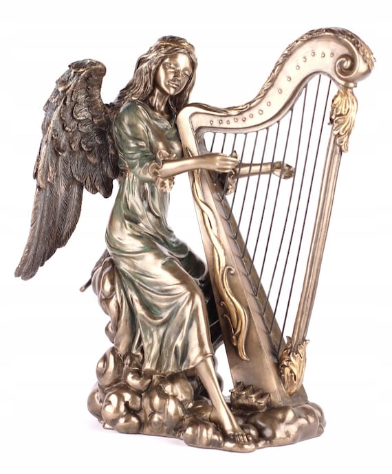 ハープを弾く小さな天使の置物 - 天使の装飾 - キリスト教美術の置物