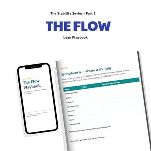Könnte beinhalten: Ein Smartphone-Display zeigt den Titel The Flow Playbook, während eine offene Arbeitsbuchseite mit der Überschrift Worksheet A - Waste Walk Tally eine Tabelle mit Spalten für Verschwendungsarten und beobachtete Beispiele enthält.