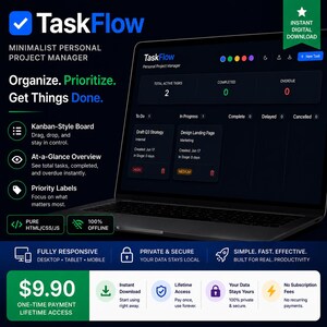 Puede incluir: Una interfaz digital de gestor de proyectos personales TaskFlow mostrada en una pantalla de portátil. El panel de control oscuro presenta un tablero estilo Kanban, contadores de estado de tareas y etiquetas de prioridad. El texto incluye TaskFlow, Organize, Prioritize, Get Things Done y descripciones de funciones como Fully Responsive, Private & Secure y Simple, Fast, Effective.