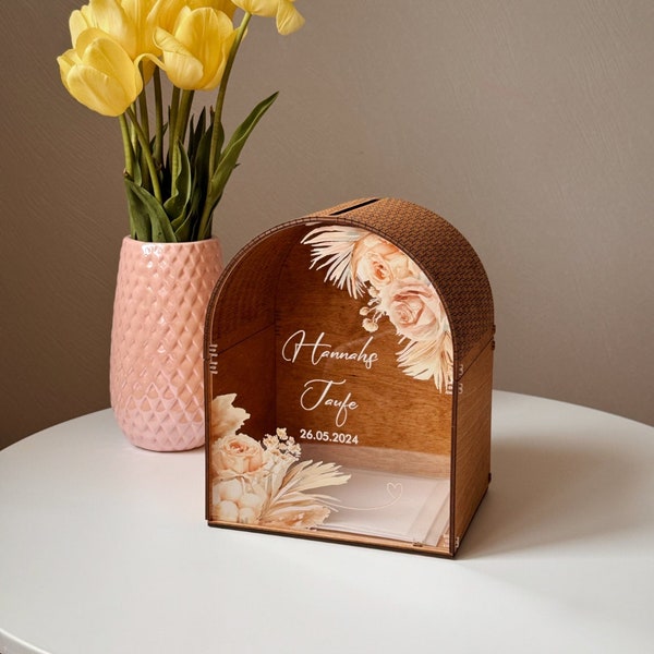 Boho personalized wood and acrylic wedding card box with slot,Various colors,Ultraviolet printing flowers on acrylic,Custom Option