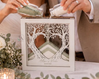 Set di sabbia per matrimonio Unity con albero genealogico, iniziali e data, cornice in legno e acrilico, vari colori, sabbia colorata in sacchetti di carta kraft, matrimonio in spiaggia