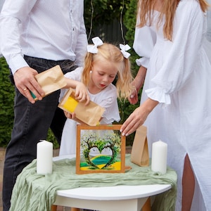Wedding sand ceremony with family tree,Sand ceremony together with the child,Wood and acrylic frame,Various colors,Сolored sand