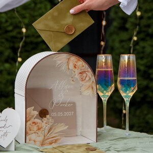 White personalized wedding card box with acrylic and slot, UV print of beige dried flowers on acrylic, Custom bridal shower keepsake box