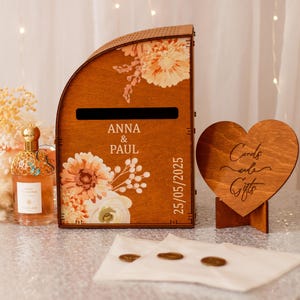 Boho custom-made wooden collapsible box-arch for wedding envelopes with acrylic and slot|UV print of beige dried flowers,card box holder