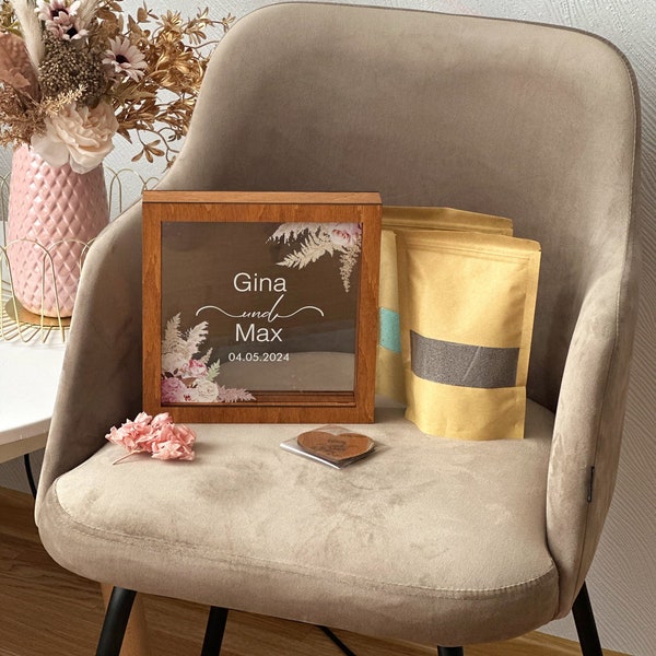 Custom Blended Family ceremony sand set Wood and acrylic frame Various colors Сolored sand in kraft bags Beach wedding Candle Alternative