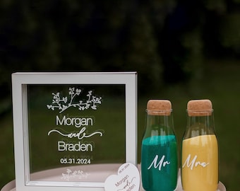 Classic unity wedding sand set with UV print,Wood and acrylic frame,Various colors,Сolored sand in kraft bags,Custom Option,Beach Wedding