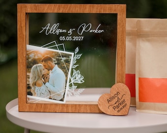 Unity wedding sand ceremony with printed photo,Wood and acrylic frame,Various colors,Сolored sand in kraft bags,Personalization option