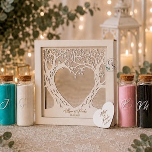 Unity wedding sand set with family tree,initials and date,Wood and acrylic frame,Various colors,Сolored sand in kraft bags,Beach Wedding