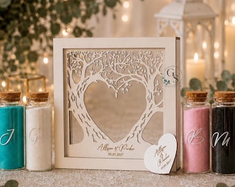 Unity wedding sand set with family tree,initials and date,Wood and acrylic frame,Various colors,Сolored sand in kraft bags,Beach Wedding