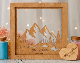 Jarrón de arena personalizable para ceremonia de boda familiar con tapa y montañas, marco de madera y acrílico.