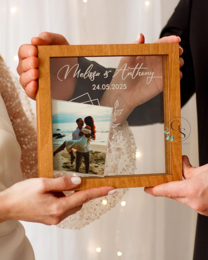 Unity wedding sand ceremony with printed photo,Wood and acrylic frame,Various colors,Сolored sand in kraft bags,Personalization option image 9