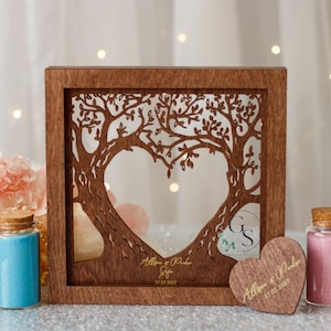 Ensemble de sable pour mariage Unity avec arbre généalogique, initiales et date,Cadre en bois et acrylique,Diverses couleurs,Sable coloré dans des sacs kraft,Mariage sur la plage