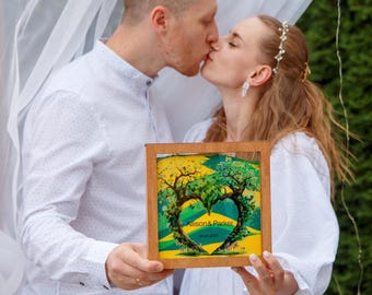 Zandceremonie bruiloft met stamboom Zandceremonie samen met het kind Lijst van hout en acryl Verschillende kleuren en gekleurd zand