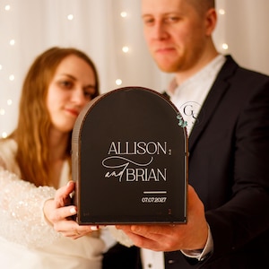 Black and white wooden personalized wedding card box with acrylic and slot, UV print on acrylic,Custom wedding memory box,card box holder