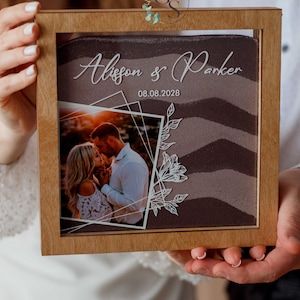 Unity wedding sand ceremony with printed photo,Wood and acrylic frame,Various colors,Сolored sand in kraft bags,Personalization option