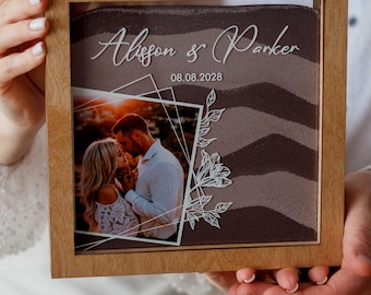 Ceremonia de la arena para bodas de la unidad con foto impresa, marco de madera y acrílico, varios colores, arena de colores en bolsas de cartón kraft, opción de personalización