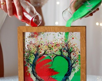 Zandceremonie bruiloft met stamboom Zandceremonie samen met het kind Lijst van hout en acryl Verschillende kleuren en gekleurd zand