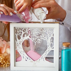 Unity wedding sand set with family tree,initials and date,Wood and acrylic frame,Various colors,Сolored sand in kraft bags,Beach Wedding