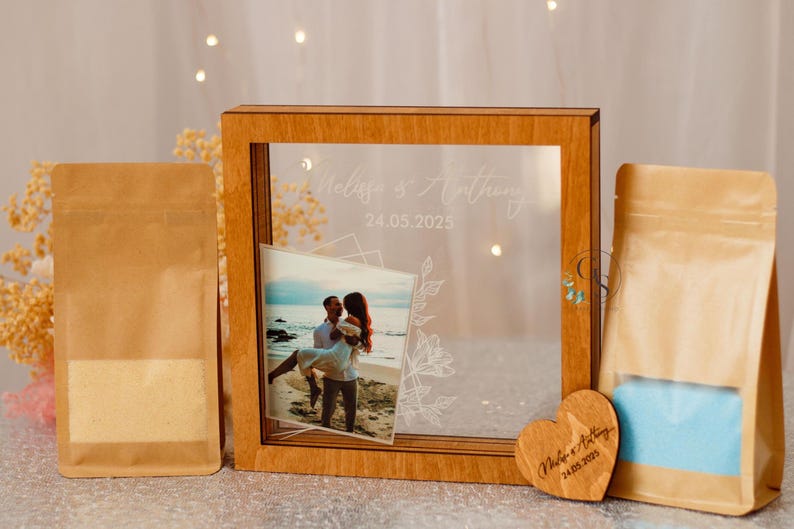 Unity wedding sand ceremony with printed photo,Wood and acrylic frame,Various colors,Сolored sand in kraft bags,Personalization option image 17
