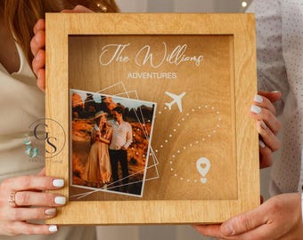 Personalized Travel Memory Box with Photo, Wooden Keepsake Box for Travel Tickets, Photos & Souvenirs, Custom Wooden Shadow Box for Couples