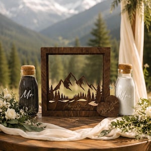 Personalized Mountain Sand Ceremony Frame, Unity Ceremony Set, Wedding Keepsake, Rustic Wooden Decor, Custom Gift for Couple