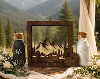 Personalized Mountain Sand Ceremony Frame, Unity Ceremony Set, Wedding Keepsake, Rustic Wooden Decor, Custom Gift for Couple