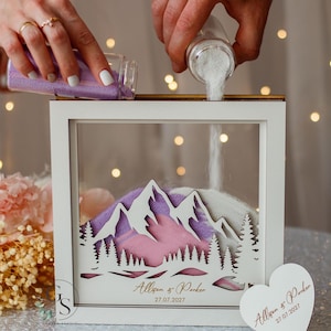 Customizable Blended Family Wedding Sand Ceremony Vase Set with Lid and mountains, Wood&Acrylic Unity Sand Frame