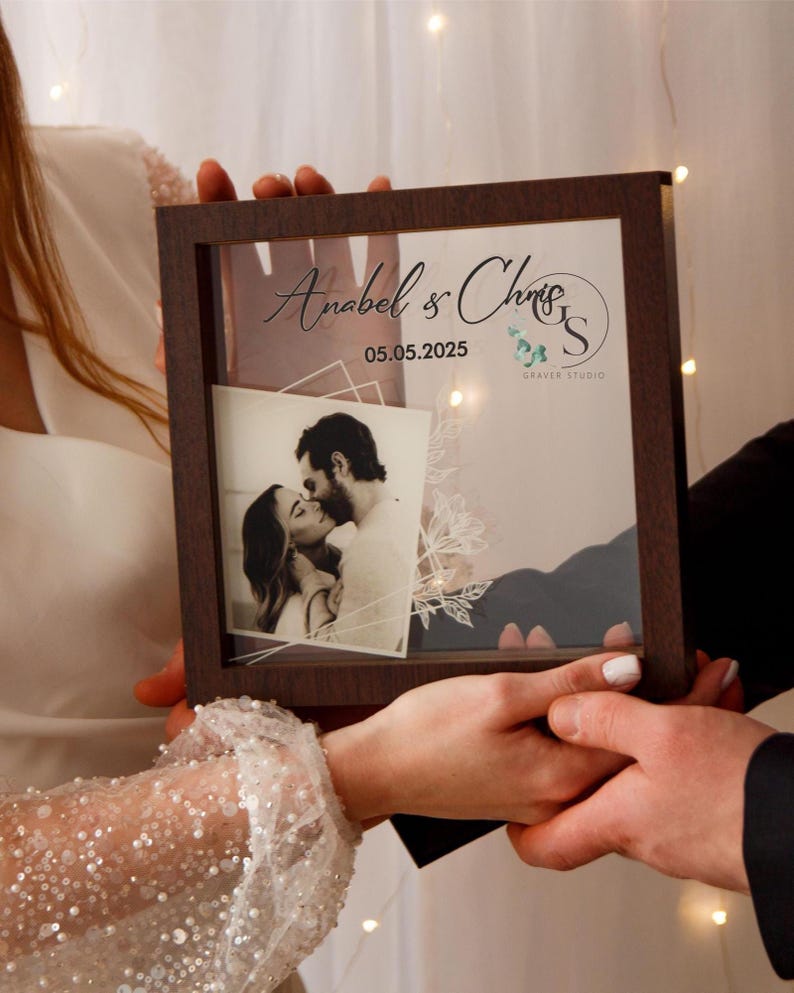 Unity wedding sand ceremony with printed photo,Wood and acrylic frame,Various colors,Сolored sand in kraft bags,Personalization option Wenge, P2