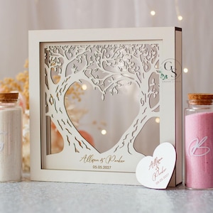 Set di sabbia per matrimonio Unity con albero genealogico, iniziali e data, cornice in legno e acrilico, vari colori, sabbia colorata in sacchetti di carta kraft, matrimonio in spiaggia