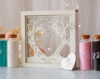 Set di sabbia per matrimonio Unity con albero genealogico, iniziali e data, cornice in legno e acrilico, vari colori, sabbia colorata in sacchetti di carta kraft, matrimonio in spiaggia