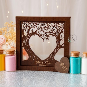 Set di sabbia per matrimonio Unity con albero genealogico, iniziali e data, cornice in legno e acrilico, vari colori, sabbia colorata in sacchetti di carta kraft, matrimonio in spiaggia