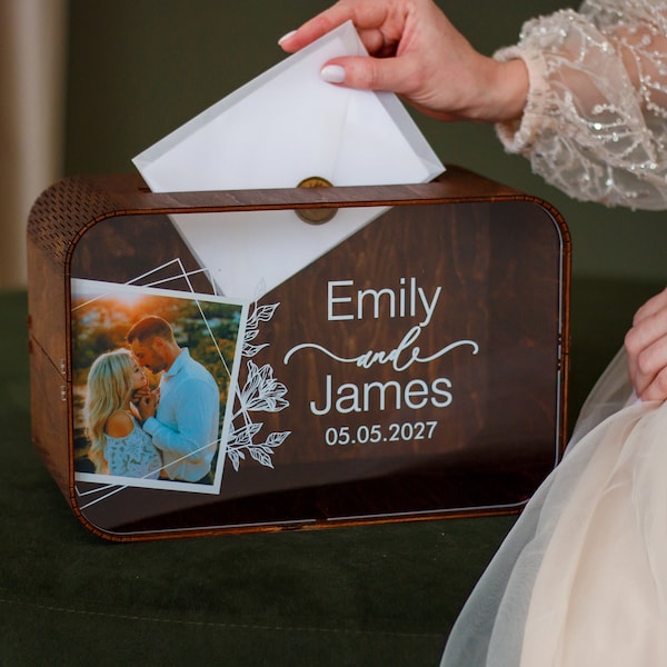 Custom wooden collapsible rectangular money box for wedding envelopes with acrylic and slot|Ultraviolet printing of a personal photo