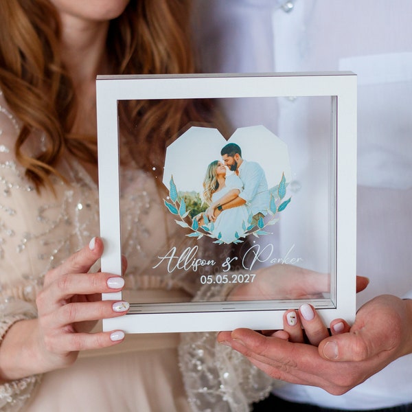 Unity wedding sand ceremony frame for picture of couple, Wood and acrylic frame, Сolored sand in kraft bags, Personalization Option