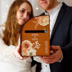 Boho custom-made wooden collapsible box-arch for wedding envelopes with acrylic and slot|UV print of beige dried flowers,card box holder