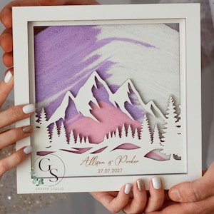 Ensemble de vases personnalisables pour mariage en famille mélangée avec couvercle et montagnes, cadre en bois et acrylique Unity Sand