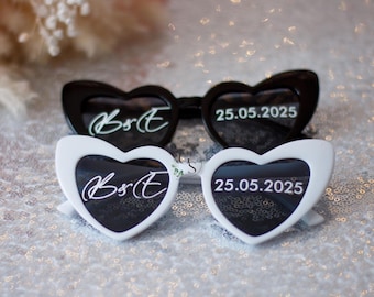 Personalized Wedding Sunglasses for Bride and Groom, Custom Heart Glasses with Initials and Date, Black & White Bridal Party Gift