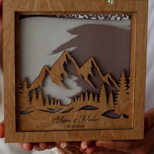 Customizable Blended Family Wedding Sand Ceremony Vase Set with Lid and mountains, Wood&Acrylic Unity Sand Frame
