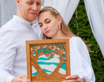 Unity wedding sand set with family tree,initials and date,Wood and acrylic frame,Various colors,Сolored sand in kraft bags,Beach Wedding