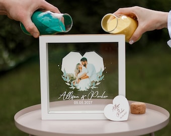 Unity wedding sand ceremony frame for picture of couple,Wood and acrylic frame,Colored sand in bags or glass bottles,Custom option