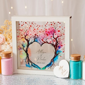 Wedding sand ceremony with family tree,Sand ceremony together with the child,Wood and acrylic frame,Various colors,Сolored sand