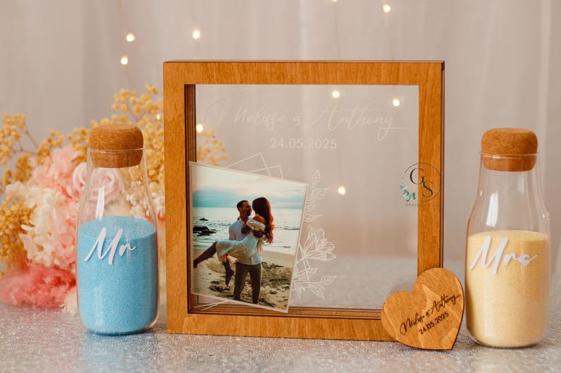 Unity wedding sand ceremony with printed photo,Wood and acrylic frame,Various colors,Сolored sand in kraft bags,Personalization option image 18