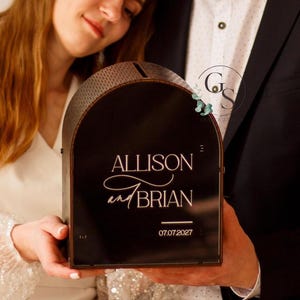 Black and white wooden personalized wedding card box with acrylic and slot, UV print on acrylic,Custom wedding memory box,card box holder