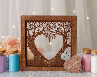 Unity wedding sand set with family tree,initials and date,Wood and acrylic frame,Various colors,Сolored sand in kraft bags,Beach Wedding