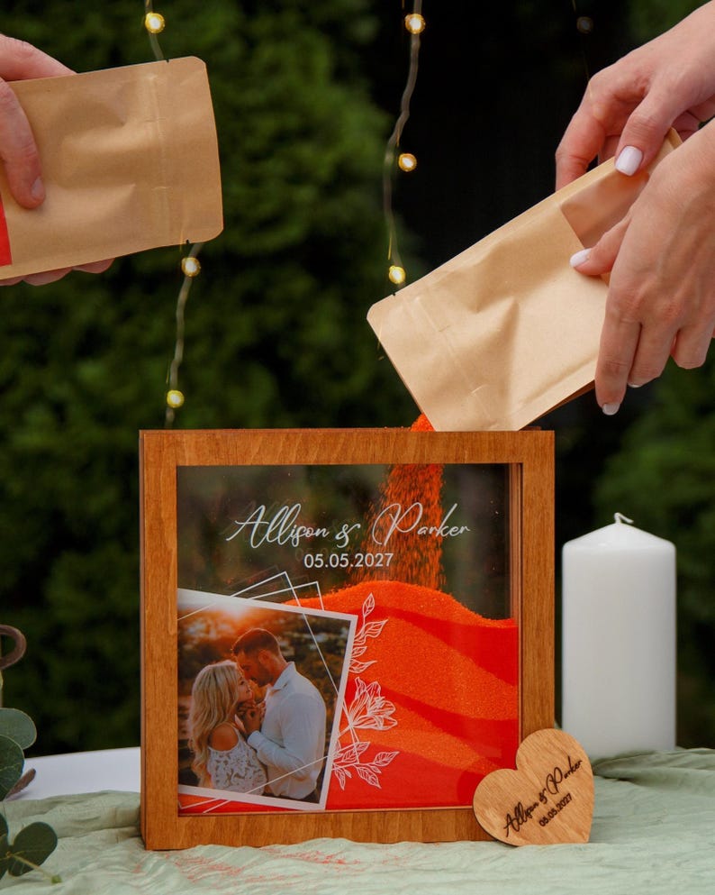 Unity wedding sand ceremony with printed photo,Wood and acrylic frame,Various colors,Сolored sand in kraft bags,Personalization option image 6