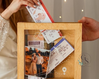 Personalized Travel Memory Box with Photo, Wooden Keepsake Box for Travel Tickets, Photos & Souvenirs, Custom Wooden Shadow Box for Couples