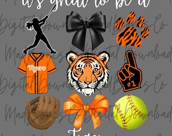 Tigers Orange and Black Softball PNG, Tigers Mascot Softball PNG, Tigers Shirt Design