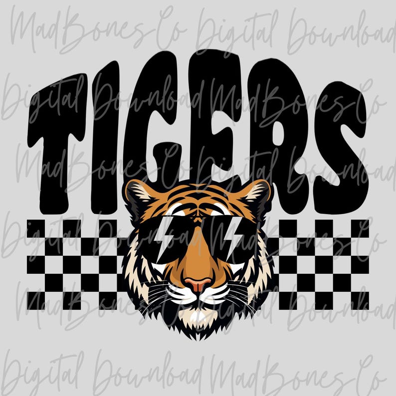 May include: A digital design featuring the word "TIGERS" in bold black letters above a tiger wearing sunglasses with lightning bolt lenses. A black and white checkered pattern is below the tiger.