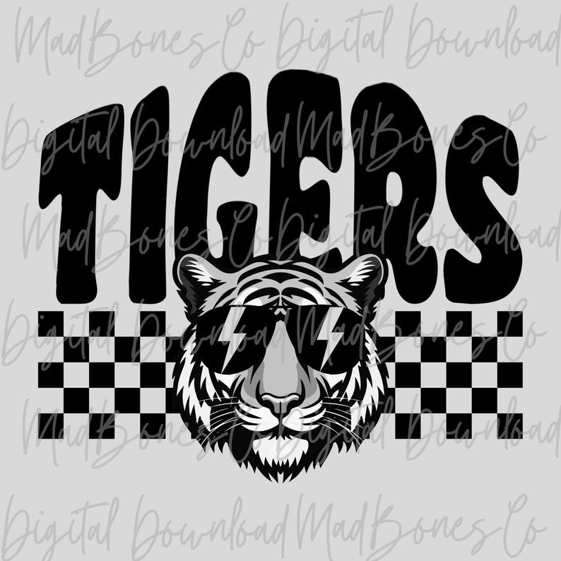 May include: A black and white graphic design featuring the word "TIGERS" in bold letters above a tiger wearing sunglasses with lightning bolt lenses. A checkered pattern is below the tiger.